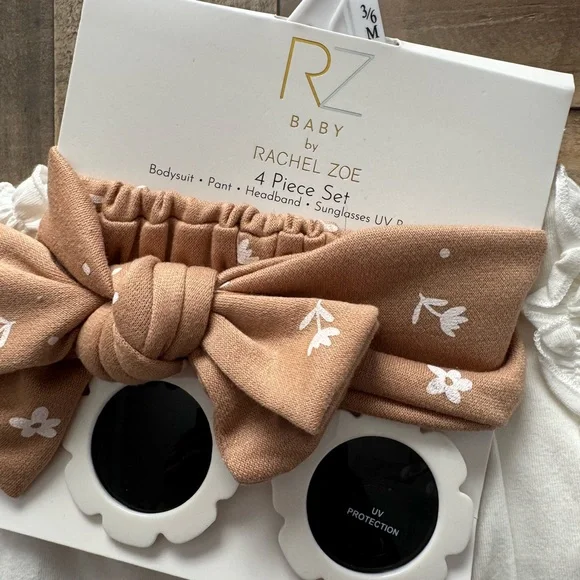 Rachel Zoe 4 Piece Floral Outfit Set 3-6 Months White Brown Bodysuit - Picture 3 of 3